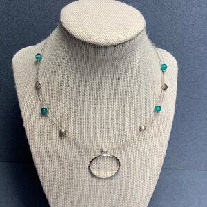Open Oval Pendant Necklace 16 In As Is Turquoise Beads Silver Triple Strand Wire